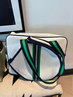 White Perforated Tennis Shoulder Bag with Green & Navy Straps